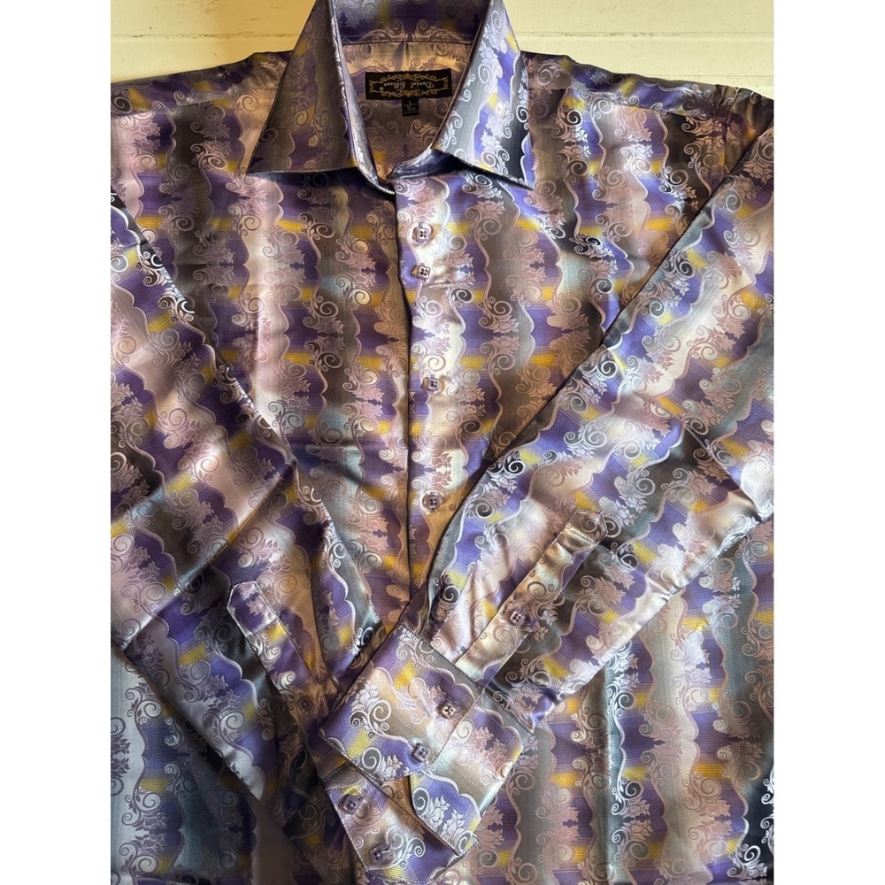 Daniel Ellissa Dress Shirt Mens L Purple Gold Paisley Satin Jacquard Excellent